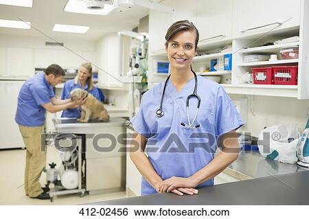 Stock Photograph - Smiling veterinarian standing in vet's surger. Fotosearch