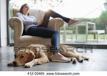 Dog sitting with woman in living room View Large Photo Image Stock Photography - Dog sitting with woman in living room. Fotosearch