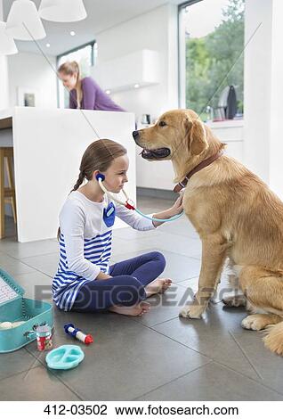 Stock Image - Girl playing doctor with dog in kitchen. Fotosearch