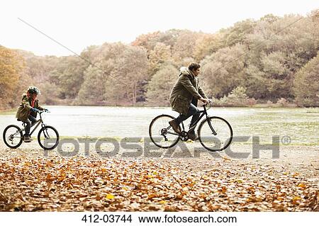 Father and son riding bicycles in park View Large Photo Image Picture - Father and son riding bicycles in park. Fotosearch