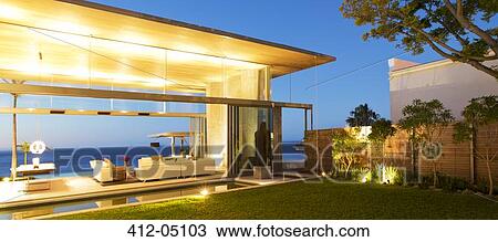 Illuminated modern patio at twilight View Large Photo Image Stock Image - Illuminated modern patio at twilight. Fotosearch