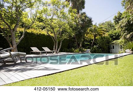 Lawn chairs and swimming pool in backyard View Large Photo Image Stock Image - Lawn chairs and swimming pool in backyard. Fotosearch