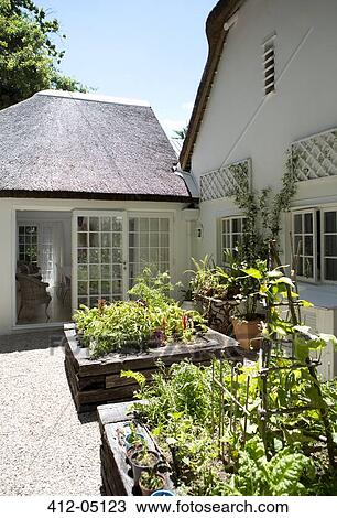 Stock Image - Planters and gravel path in backyard. Fotosearch