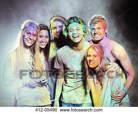 Portrait of friends covered in chalk dye at music festival View Large Photo Image Stock Image - Portrait of friends covered in chalk dye at music festival. Fotosearch
