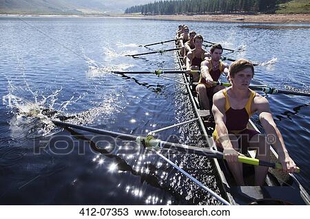 Rowing team rowing scull on lake View Large Photo Image Stock Image - Rowing team rowing scull on lake. Fotosearch