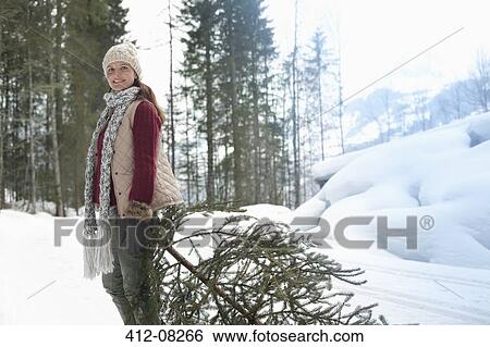 Stock Photograph - Portrait of smiling woman dragging fresh Christmas tree in snow. Fotosearch