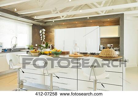 Modern kitchen with barstools View Large Photo Image Stock Photo - Modern kitchen with barstools. Fotosearch
