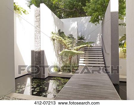 Stock Image - Pond in courtyard of modern house. Fotosearch