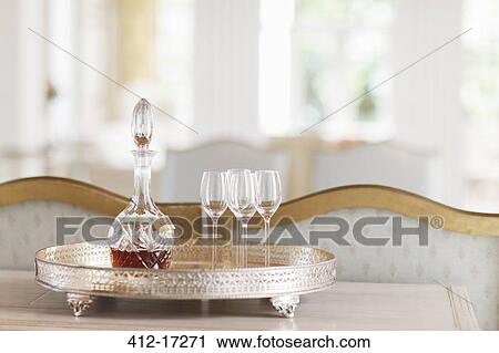 Crystal sherry decanter and cordial glasses on silver tray View Large Photo Image Stock Image - Crystal sherry decanter and cordial glasses on silver tray. Fotosearch