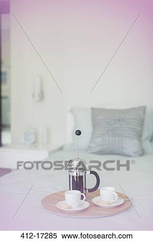 French press coffee and cups on tray in bedroom View Large Photo Image Stock Photography - French press coffee and cups on tray in bedroom. Fotosearch