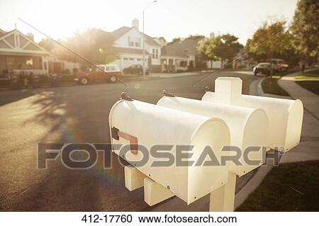 Mailboxes on suburban street View Large Photo Image Stock Image - Mailboxes on suburban street. Fotosearch