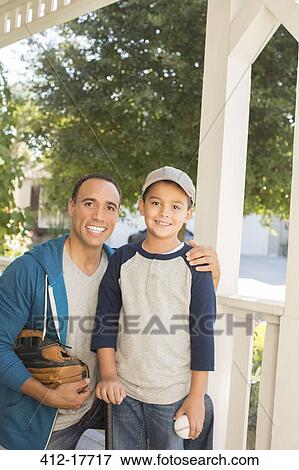 Portrait of father and son with baseball and glove on porch View Large Photo Image Stock Photo - Portrait of father and son with baseball and glove on porch. Fotosearch