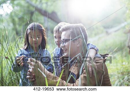 Stock Image - Students and teacher examining grass in forest. Fotosearch