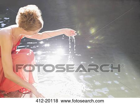 Stock Photo - Woman cupping pool water in her hand. Fotosearch