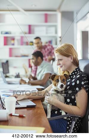 Dog Sitting On Woman S Lap In Office Stock Image 412 20012