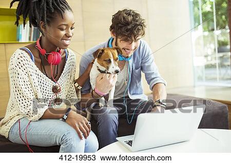 Friends and dog working on laptop in office View Large Photo Image Stock Image - Friends and dog working on laptop in office. Fotosearch