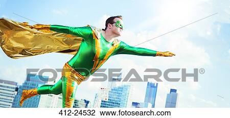 Superhero flying on city rooftop View Large Photo Image Stock Image - Superhero flying on city rooftop. Fotosearch