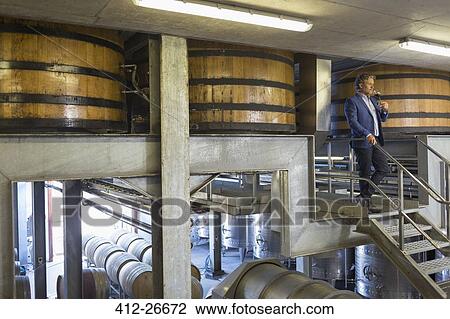 Vintner with red wine on platform in winery cellar View Large Photo Image Stock Image - Vintner with red wine on platform in winery cellar. Fotosearch
