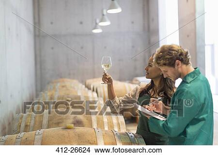 Picture - Vintners examining white wine in winery cellar. Fotosearch
