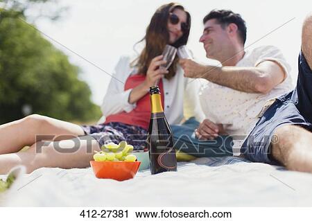 Couple toasting champagne glasses on picnic blanket View Large Photo Image Stock Image - Couple toasting champagne glasses on picnic blanket. Fotosearch