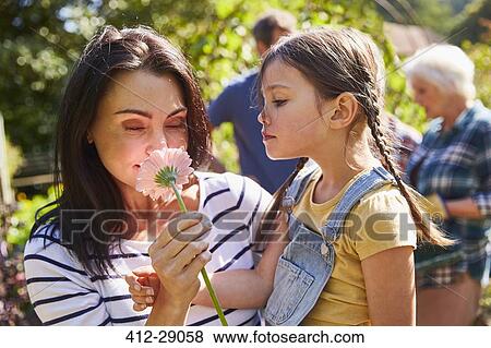 Mother and daughter smelling fresh pink flower in sunny garden View Large Photo Image Stock Photo - Mother and daughter smelling fresh pink flower in sunny garden. Fotosearch