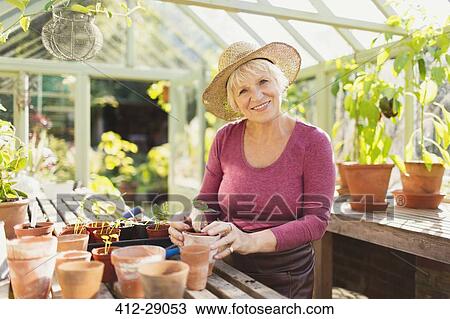 Stock Image - Portrait smiling senior woman potting plants in greenhouse. Fotosearch