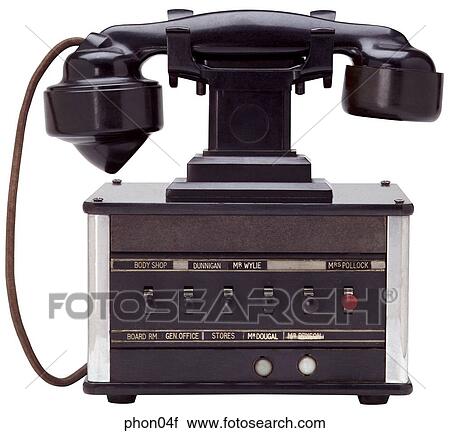 Stock Image - Maker: Dictograph Model: - Year: 1920`s Front View Black body with switches, long neck, black receiver Telephone. Fotosearch