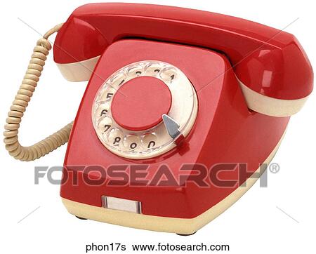 Stock Photograph - Maker: Norway Model: OTE Year: 1983 3/4 view Red body and receiver with white trim, rotary dial Telephone. Fotosearch