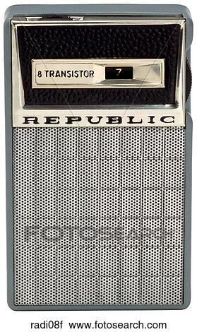 Maker: Republic Model: Portable Year: 1956 Front View Early Transistor, all metallic body, black trim around tuner face, stands tall Radio View Large Photo Image Stock Image - Maker: Republic Model: Portable Year: 1956 Front View Early Transistor, all metallic body, black trim around tuner face, stands tall Radio. Fotosearch