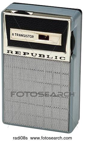 Maker: Republic Model: Portable Year: 1956 3/4 View Early Transistor, all metallic body, black trim around tuner face, stands tall Radio View Large Photo Image Stock Photograph - Maker: Republic Model: Portable Year: 1956 3/4 View Early Transistor, all metallic body, black trim around tuner face, stands tall Radio. Fotosearch