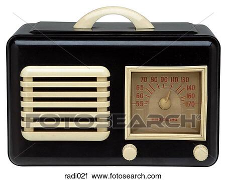 Stock Image - Maker: Seiberling Model: Table Year: 1939 Front View Black body, white trim, white handle on top Radio . Fotosearch