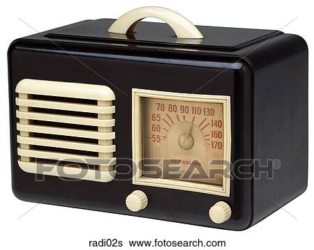 Stock Photograph - Maker: Seiberling Model: Table Year: 1939 3/4 View Black body, white trim, white handle on top Radio . Fotosearch