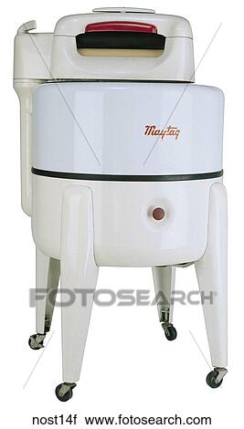 Stock Image - Maker: Maytag Model: N2L Year: 1942 Front View Washing Machine, all white, two rollers on top Nostalgic Memorabilia . Fotosearch