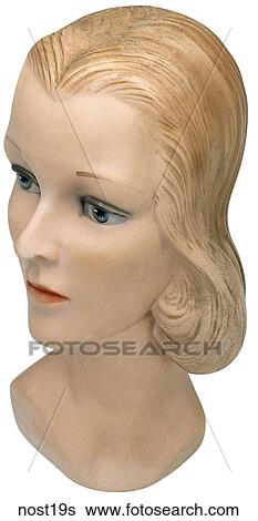 Maker: Unknown Model: Hat Display Year: 1930`s 3/4 View Mannequin Head, blond hair, blue eyes Nostalgic Memorabilia View Large Photo Image Stock Photograph - Maker: Unknown Model: Hat Display Year: 1930`s 3/4 View Mannequin Head, blond hair, blue eyes Nostalgic Memorabilia . Fotosearch