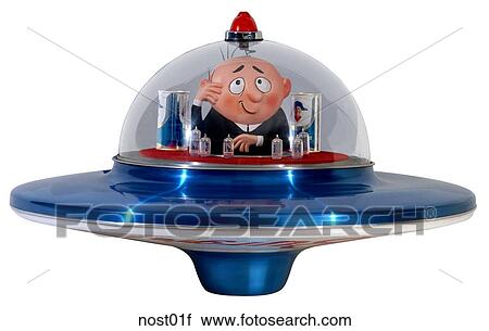 Stock Image - Maker: Unknown Model: N/A Year: 1950`s Front View Metallic Blue Flying Saucer, little space man sits in clear domed cockpit Nostalgic Memorabilia. Fotosearch
