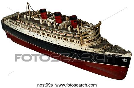 Stock Photograph - Maker: Unknown Model: Queen Mary Year 1930`s 3/4 View Wooden ship model of the Queen Mary Nostalgic Memorabilia . Fotosearch