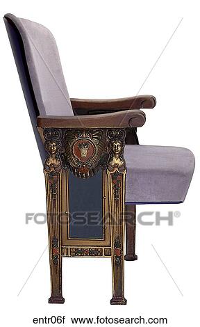 Stock Image - Maker: Heywood Rakefield Model: 1262 Year: 1934 Front View Art deco theatre chair, blue velvet with gold and blue art deco embossed panels on sides Entertainment . Fotosearch