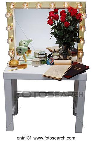 Maker: Unknown Model: 14 lights Year: 1950 Front View Make-up table with mirror and lights, red roses and various accessories are on table Entertainment View Large Photo Image Stock Image - Maker: Unknown Model: 14 lights Year: 1950 Front View Make-up table with mirror and lights, red roses and various accessories are on table Entertainment . Fotosearch