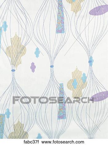 Stock Image - Style: Science White background, Blue bulbs made w/lines Gold, Purple & Blue shapes Fabrics . Fotosearch