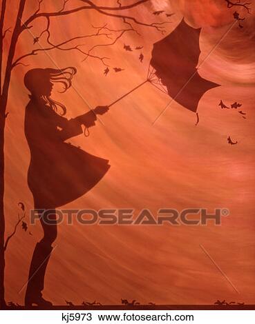 イラスト シルエット の 女の子 保有物の傘 吹く 離れて レインコート ブーツ 木 落ち葉 風 吹く 日没 ストックイメージ Kj5973 Fotosearch