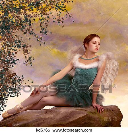 女の子 身に着けていること 緑 バレエ 衣装 で 天使翼 ポーズを取る 上に 岩 によって 木 ペイントされた 背景 ストックフォト 写真素材 Kd6765 Fotosearch