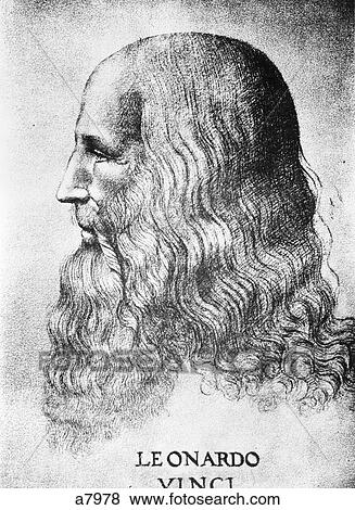Stock Photo - 1452-1519 Self Portrait Of Leonardo Da Vinci With Signature Drawn In Classical Roman Characters . Fotosearch