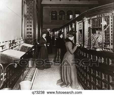 Stock Photo -  1800S 1890S 1900S Turn Of Century Bank Interior Women Banking Special Tellers . Fotosearch