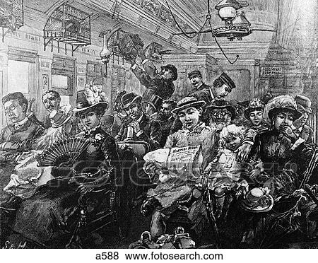 Stock Photo - 1800S Illustration Crowded Passenger Car Railroad Coach Travel 19Th Century Train America From Harpers Magazine August 1885. Fotosearch