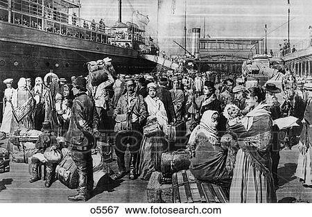 Stock Photo - 1907 Drawing Of A Crowd Of Immigrants On Wharf Pier Leaving A Ship Holding Luggage And Bundles Of Belongings. Fotosearch