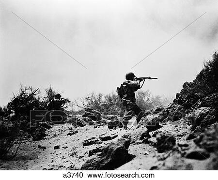 1940S Us Army Infantry Men Shooting Rifles In Action Carrying Heavy Backpacks During Ww2 Combat View Large Photo Image Stock Image - 1940S Us Army Infantry Men Shooting Rifles In Action Carrying Heavy Backpacks During Ww2 Combat . Fotosearch