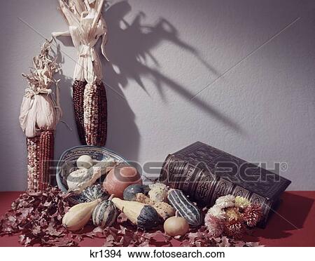 1950 1950S Harvest Autumn Still Life Dried Corn Gourds Pumpkin Leaves Holy Bible Thanksgiving Retro View Large Photo Image Picture - 1950 1950S Harvest Autumn Still Life Dried Corn Gourds Pumpkin Leaves Holy Bible Thanksgiving Retro . Fotosearch