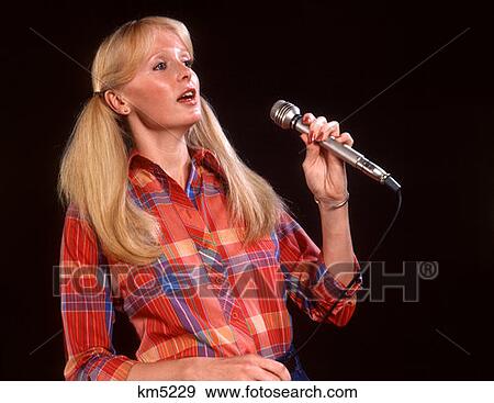 1970 1970s Blond Blonde Woman Pigtails Long Hair Microphone Plaid