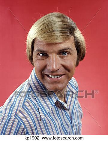1970 1970s Head Shot Blond Blonde Man Striped Shirt Long Hair