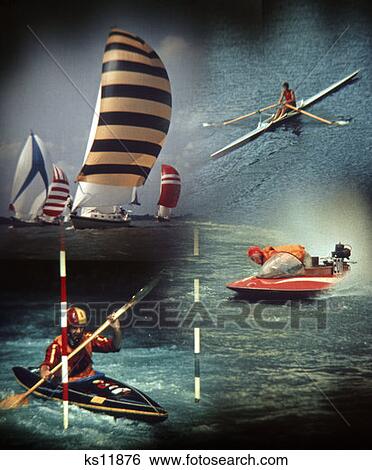 Stock Photograph - 1970 1970S Photo Montage 4 Water Sports Yachting Sailing Sculling Rowing Rower Power Speed Boat Kayak Race Racing Retro. Fotosearch